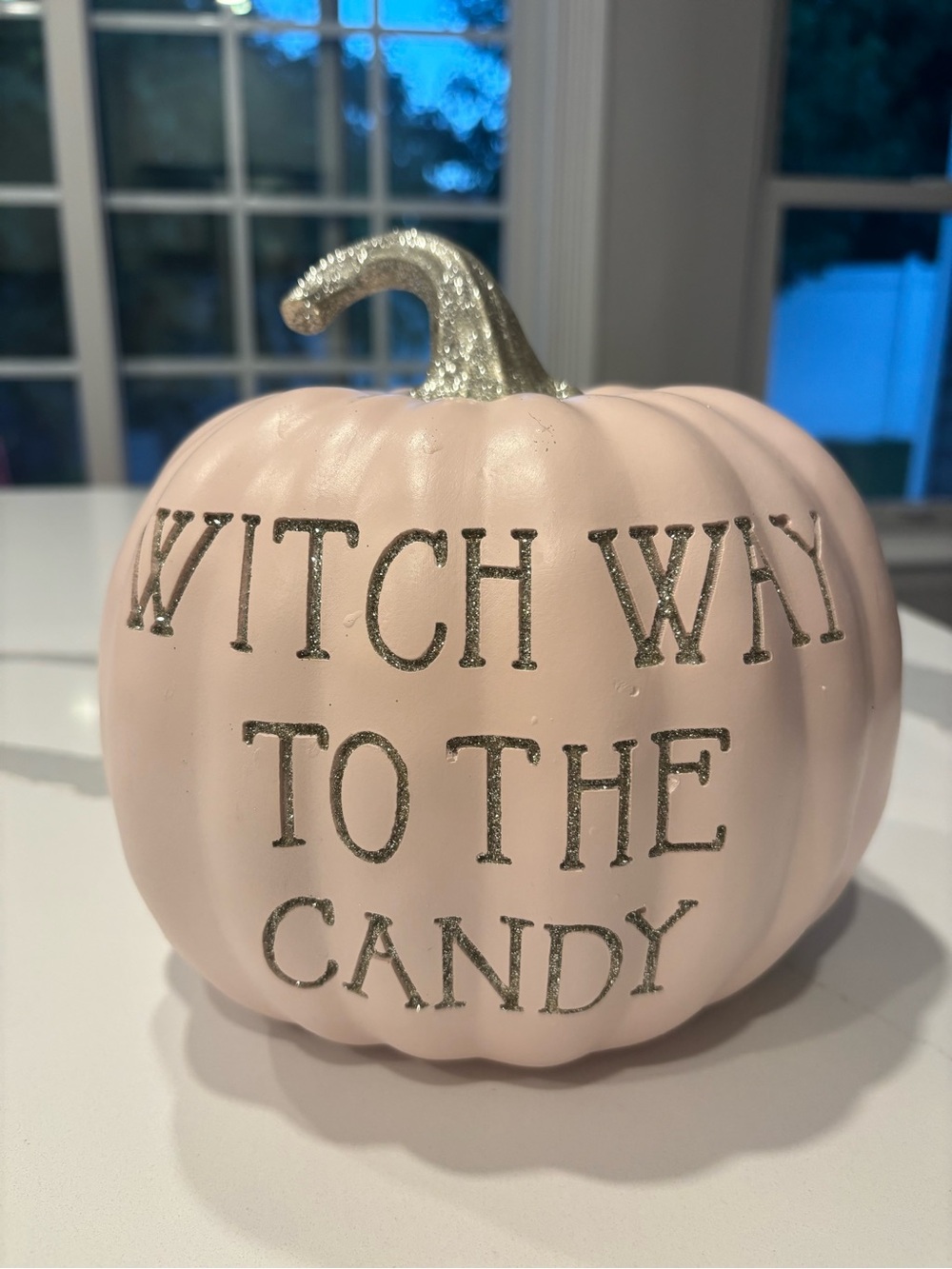 Pink w/ Silver Sparkle Decorative Pumpkin “Witch Way to the Candy” 10 In. Round